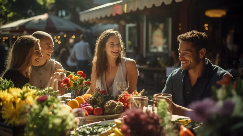 A group of people sitting at a table outside, surrounded by fresh produce.