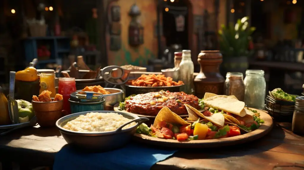 dining table with all kinds of authentic ethnic foods spread out on dishes