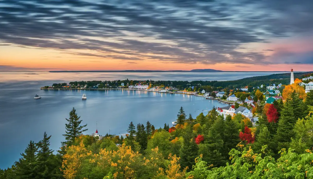 A scenic view of Mackinac Island showcasing its natural beauty and historical landmarks