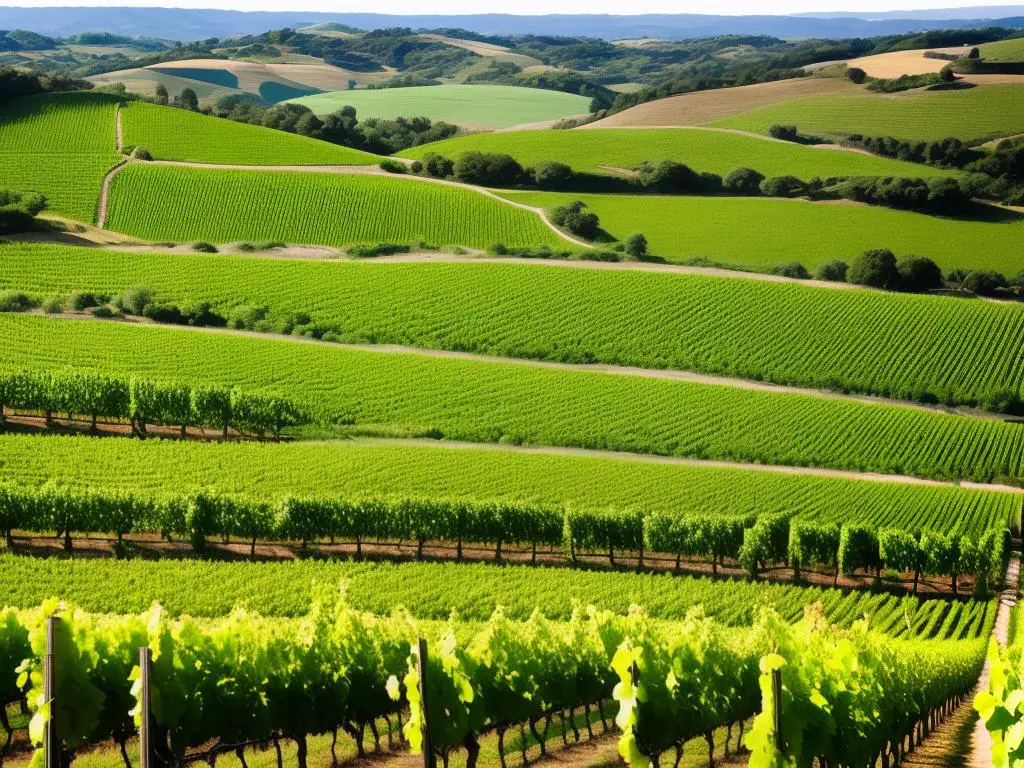 A beautiful vineyard surrounded by lush greenery and rolling hills