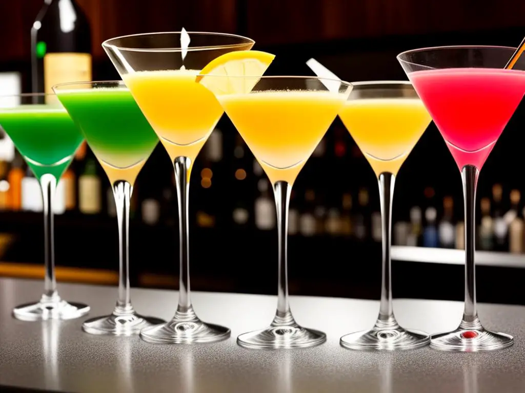 A selection of martinis lined up on a bar counter