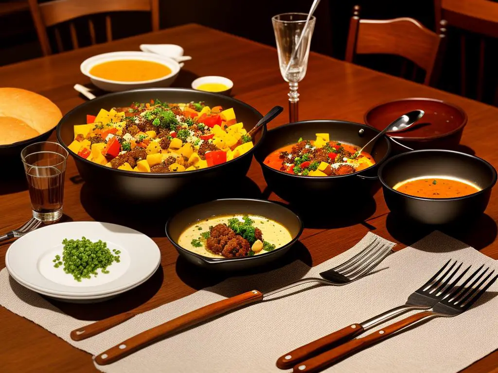 Image of a table with delicious food and antique restaurant utensils, representing the rich culinary heritage of Michigan's oldest restaurants