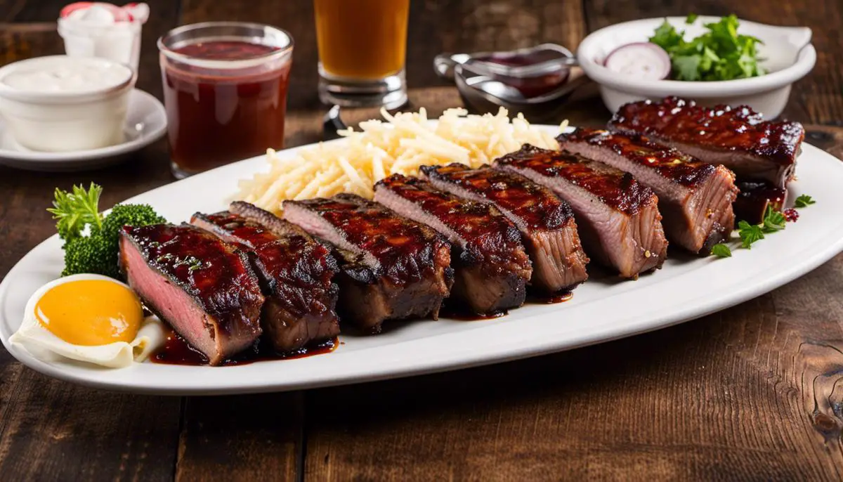 A plate of mouthwatering barbecue from Slows Bar Bq, featuring succulent meat and flavorful sauces.