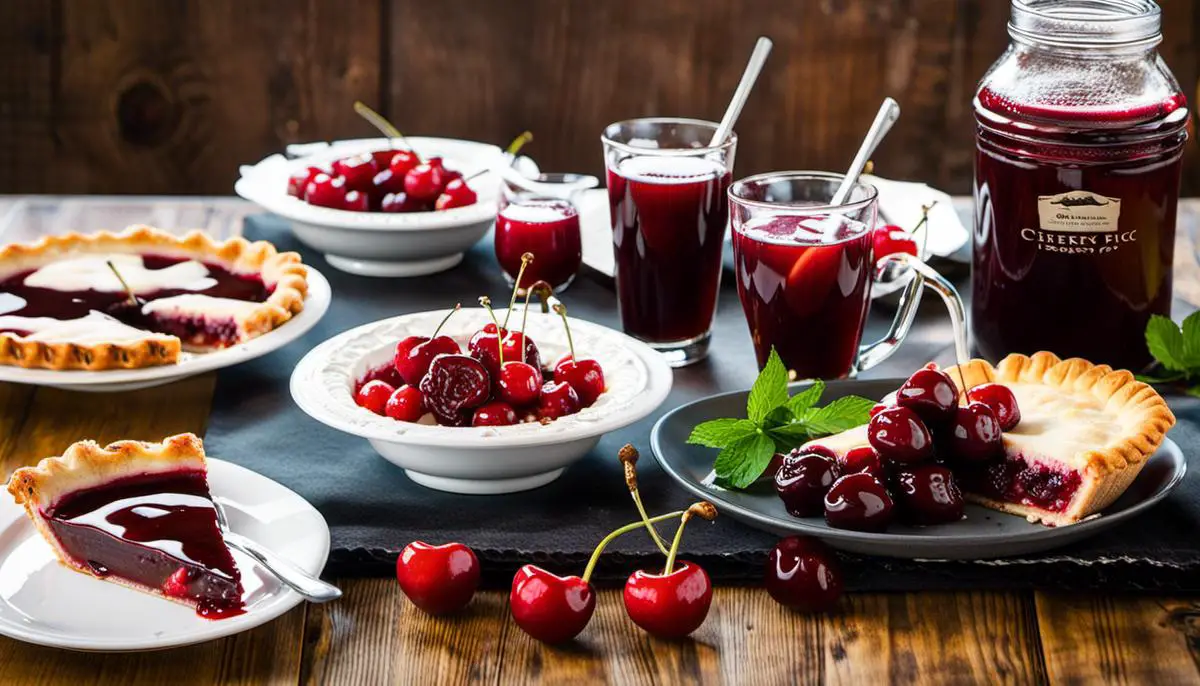A photo showcasing a variety of cherry-inspired delicacies in Traverse City, including cherry pie, cherry sauce-coated BBQ ribs, and cherry wine.