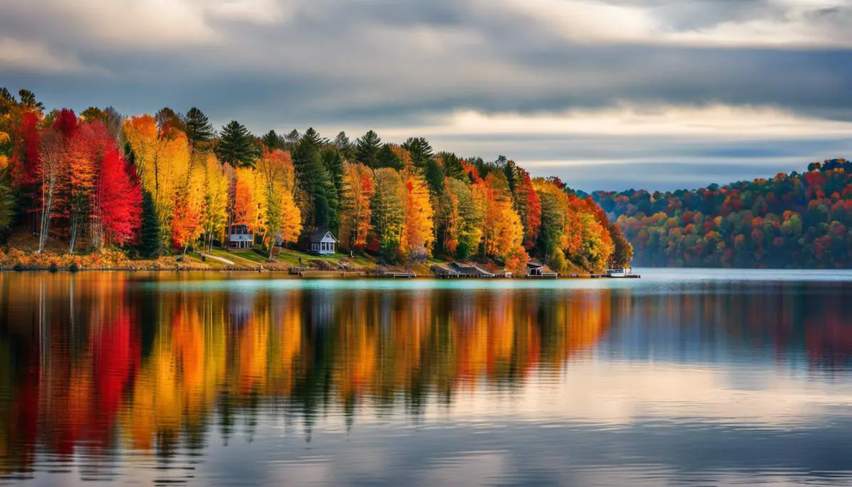 A scenic view of Michigan's lakes with colorful autumn foliage