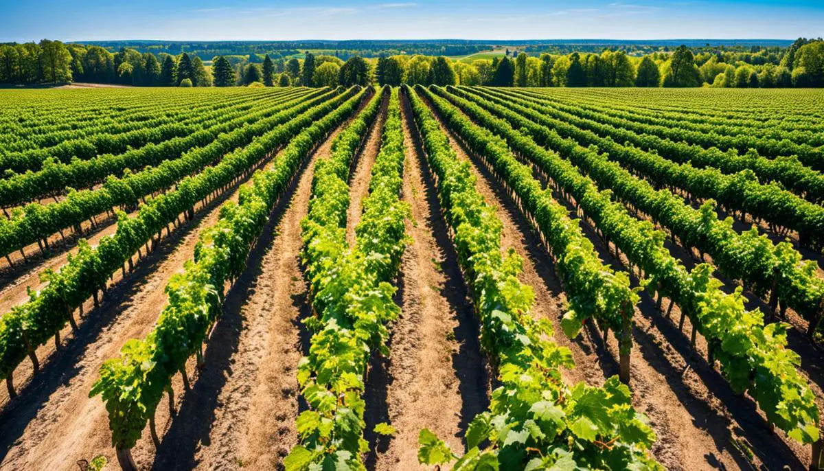 A colorful image of vineyards in Michigan, with rows of grapevines stretching into the distance, under a bright blue sky.