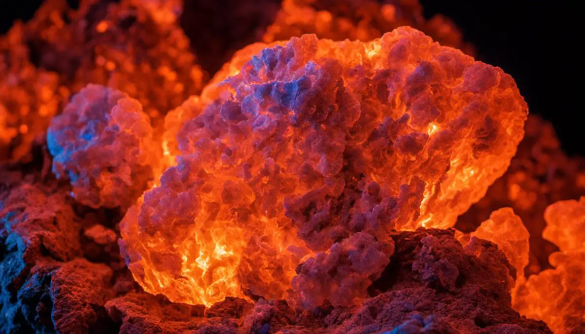 A close-up image of a Yooperlite rock glowing with vibrant orange fluorescence under UV light.