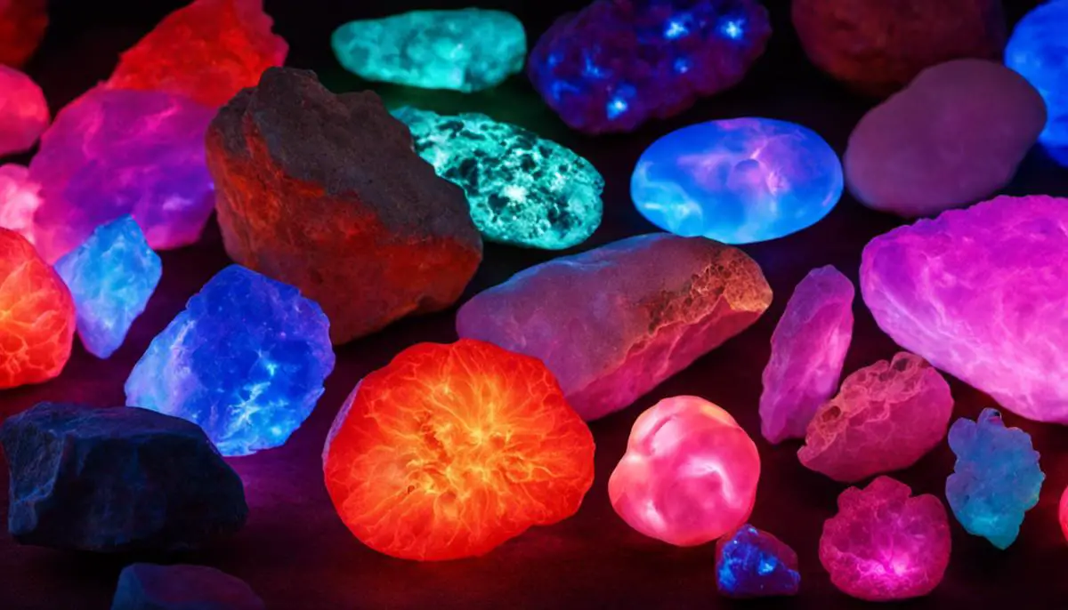 Fluorescent yooperlite stones glowing under UV light