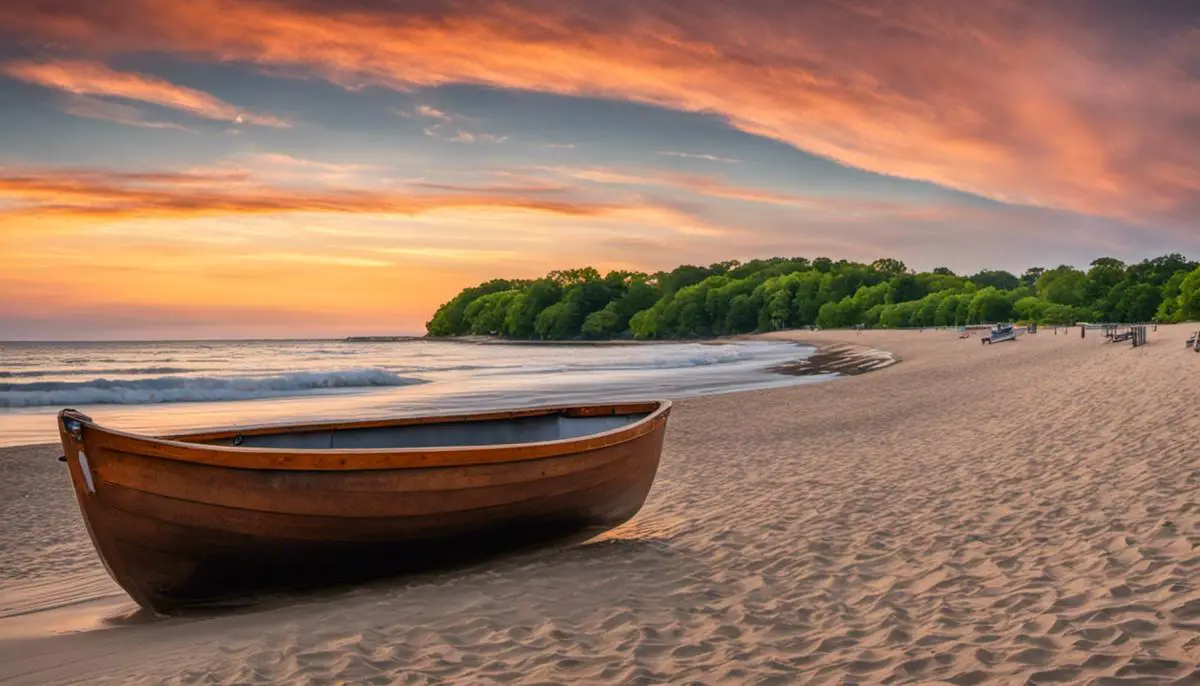 Image of top Michigan beach hideaways with example of Oval Beach in Saugatuck with serene waters and fine sand