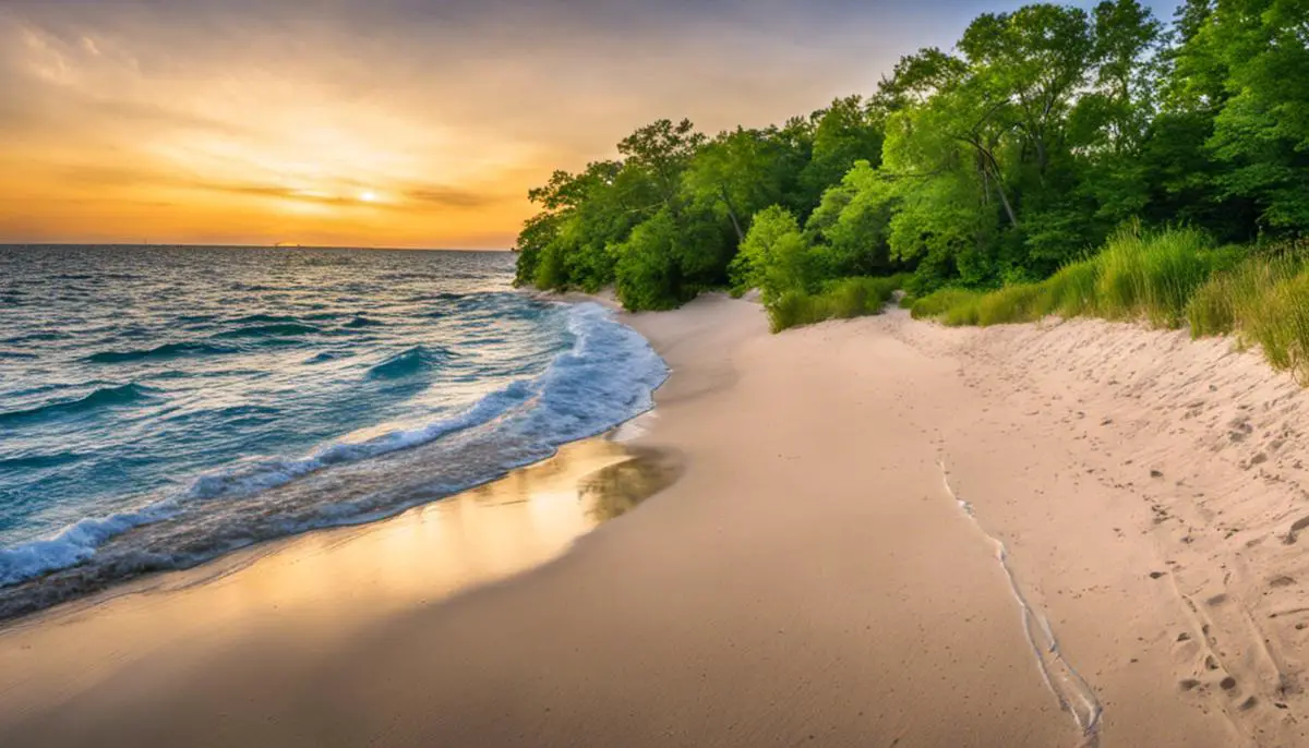 A picturesque view of Pere Marquette Park Beach, showcasing its white sand and blue waters.