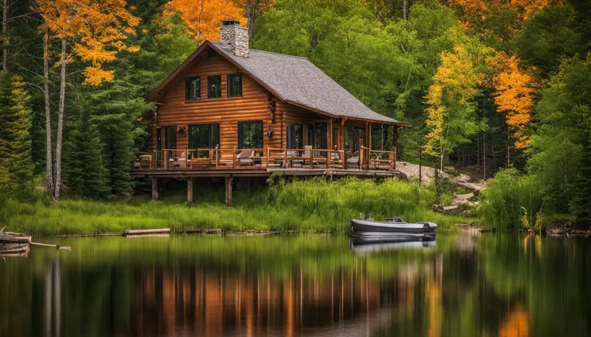 Image of a cozy rustic cabin surrounded by trees and a lake in Michigan