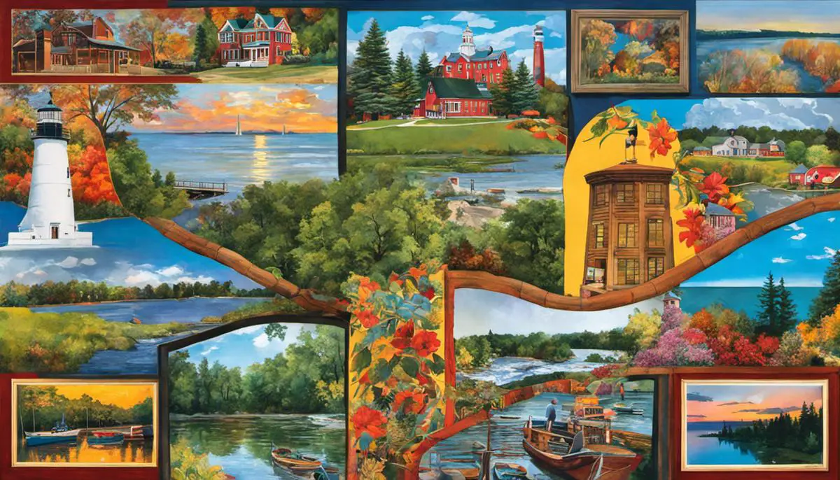 A vibrant collage of artwork representing the diverse art and culture of Michigan.