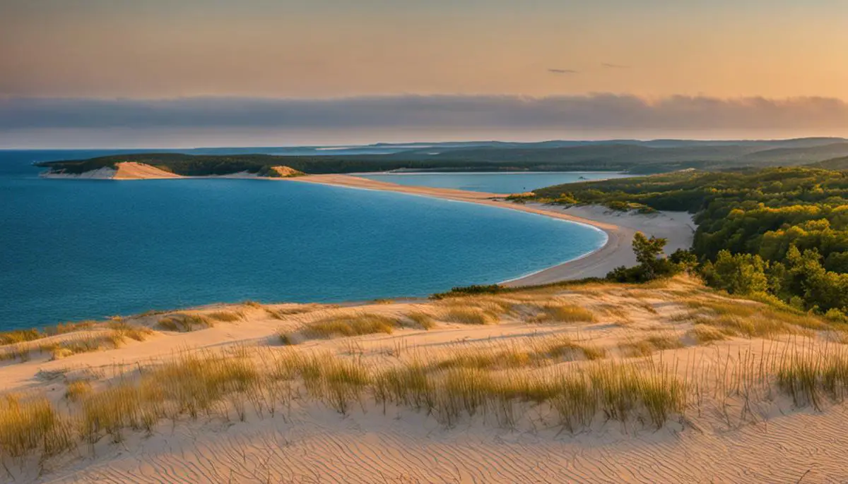 A stunning view of Sleeping Bear Dunes National Lakeshore, with sandy dunes leading to the clear waters of Lake Michigan offering one of the best Michigan camping sites