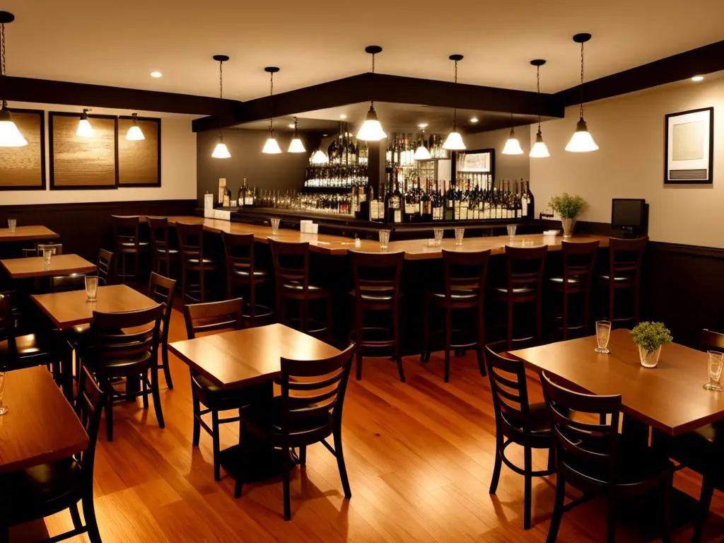 An image of a cozy and stylish gastropub interior, with dim lighting and comfortable seating arrangements.