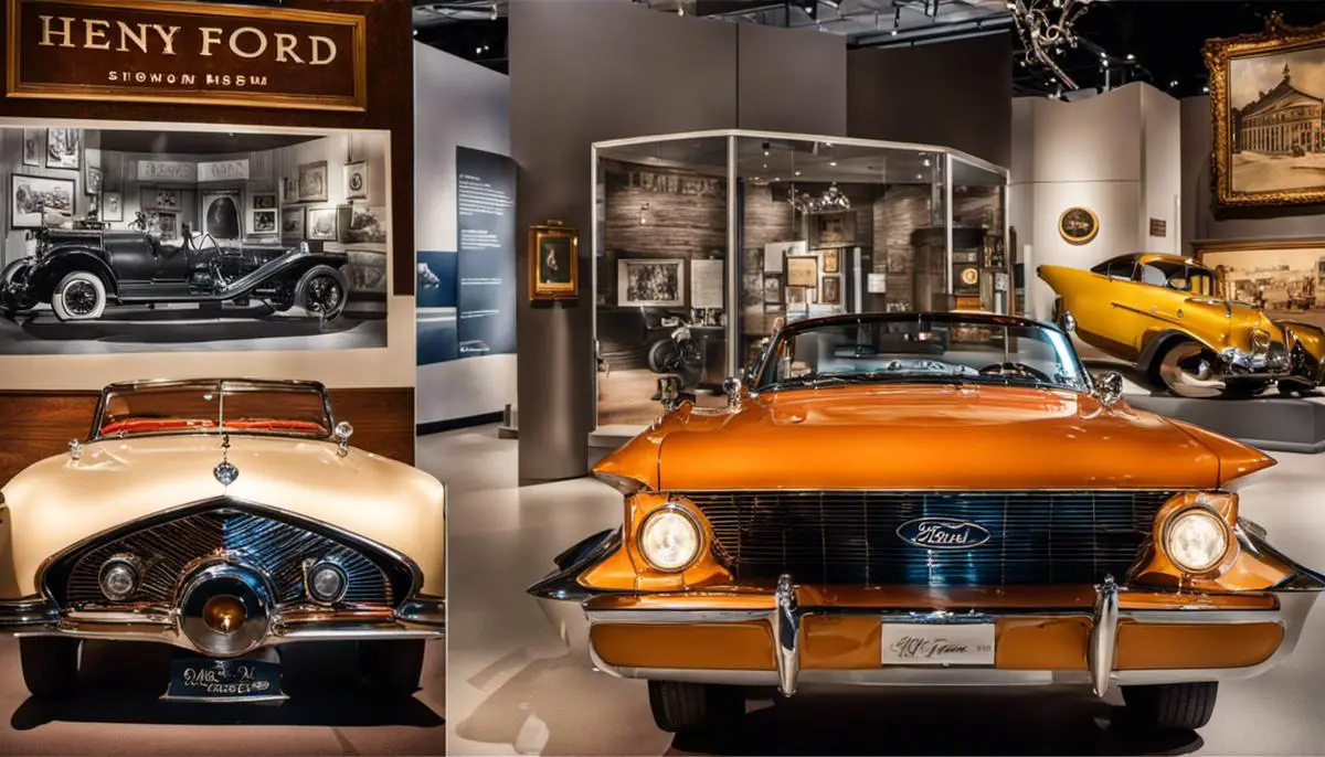 A collage of historical artifacts showcasing the immersive exhibits at the Henry Ford Museum in Dearborn one of the top historical sites in Michigan