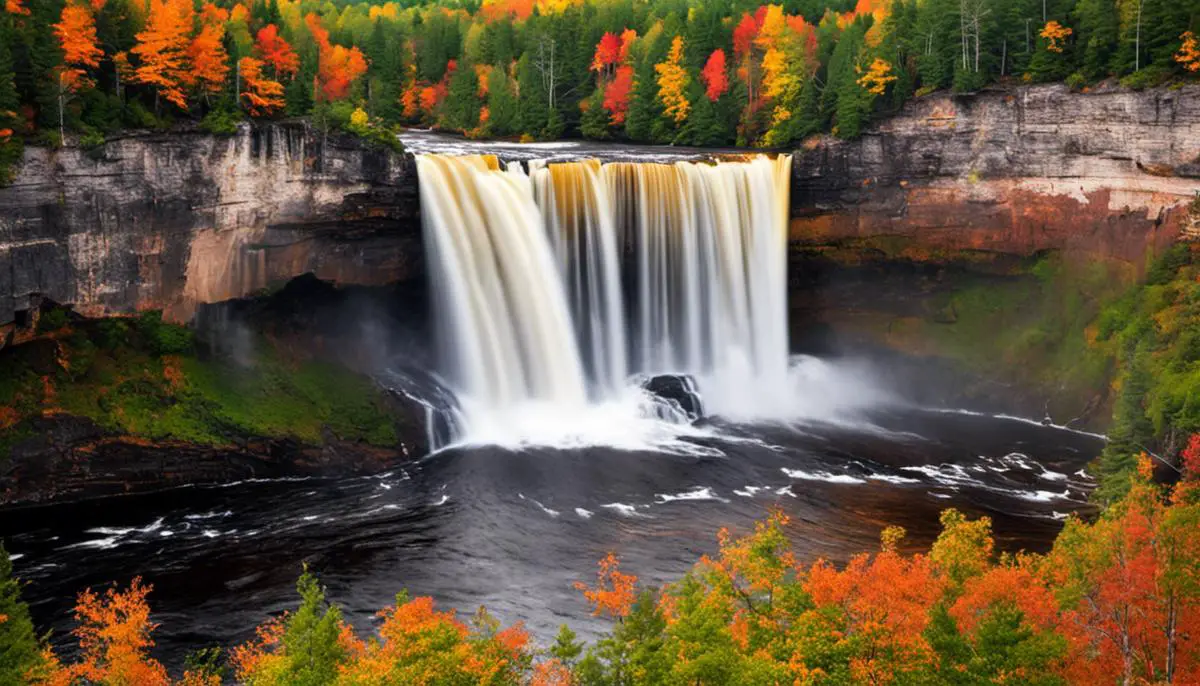 The image showcases the breathtaking Tahquamenon Falls surrounded by lush greenery and flowing rust-colored waters.