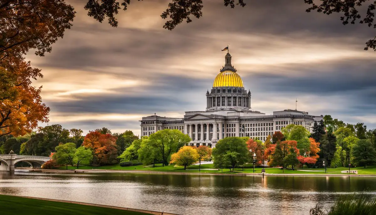 A photo showing the downtown area of Lansing, Michigan with the state capitol building in the foreground. The building has impressive architecture and is surrounded by parks.