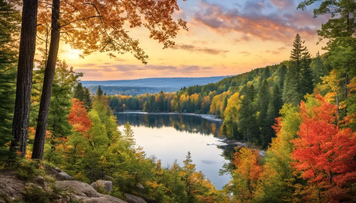 A panoramic view of a beautiful Michigan landscape, featuring a lake surrounded by forests and mountains.