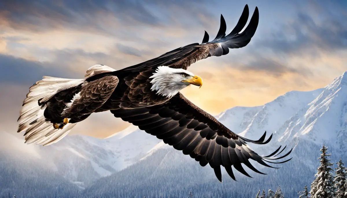 A majestic bald eagle soaring in the winter sky.