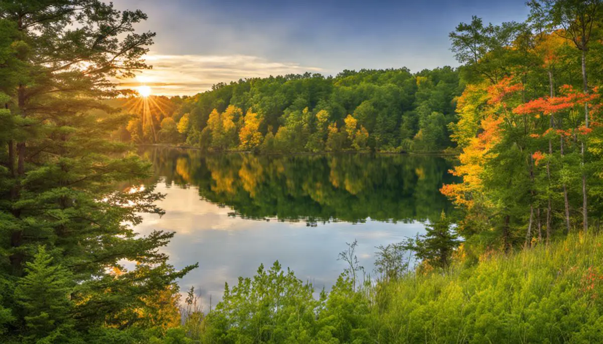 A beautiful landscape view of a Michigan State Park with diverse vegetation and a serene lake.