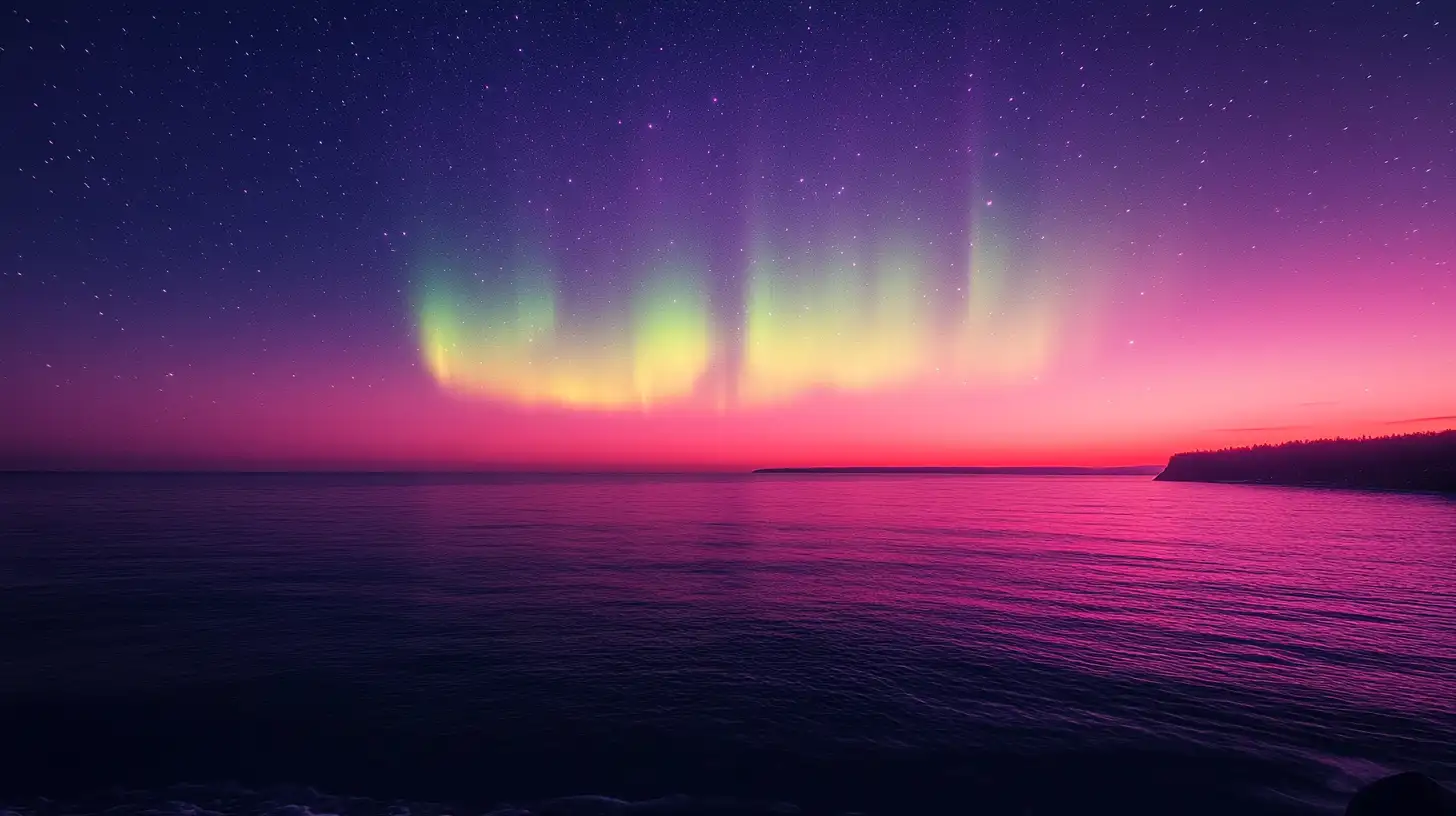 image of northern lights in michigan over lake superior
