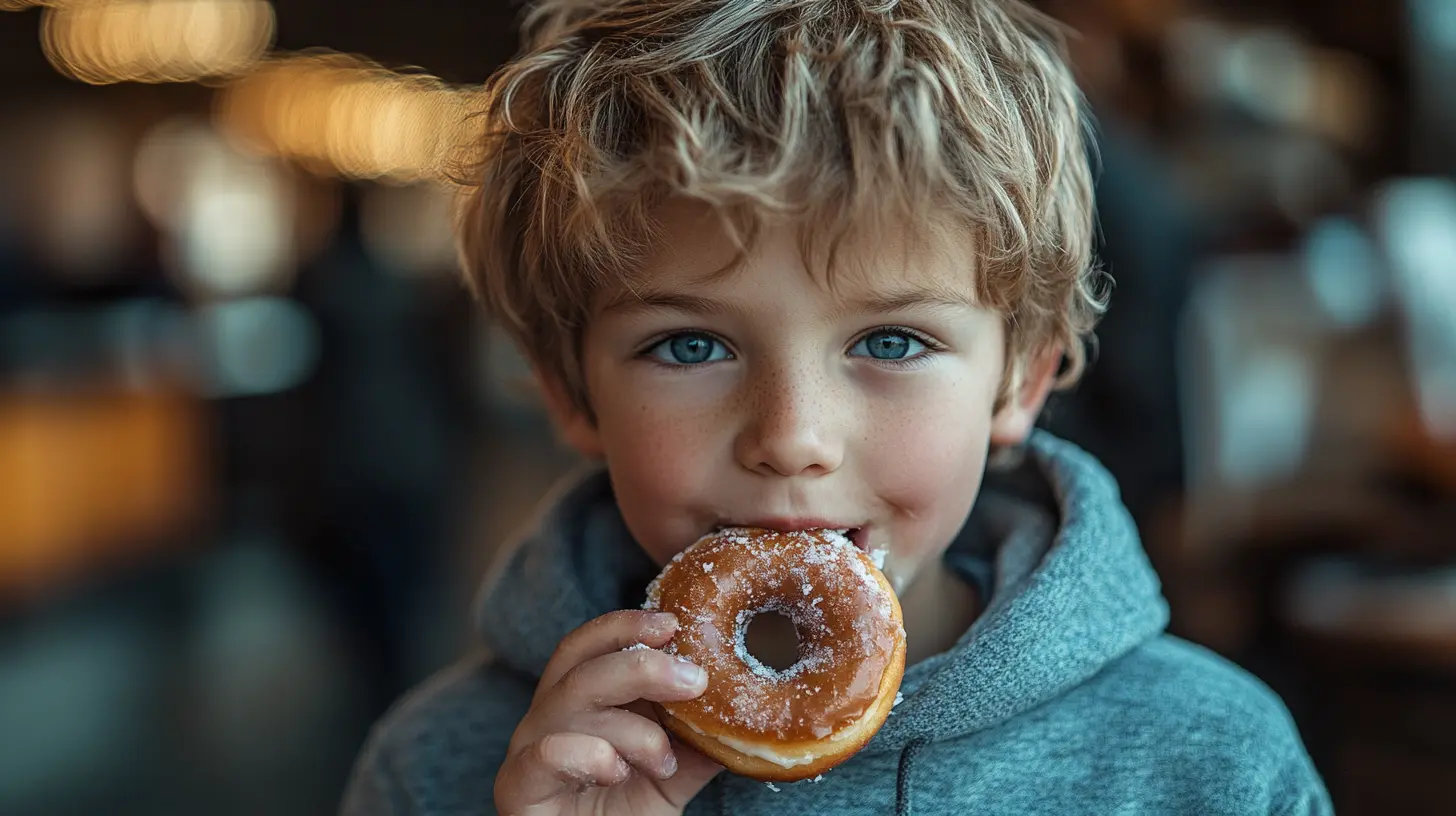 boy eating a donut at a cider mill in Michigan
