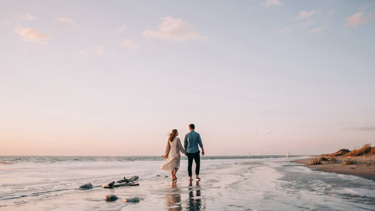 Couple watching the sunset over Lake Michigan from a dune in northern Michigan