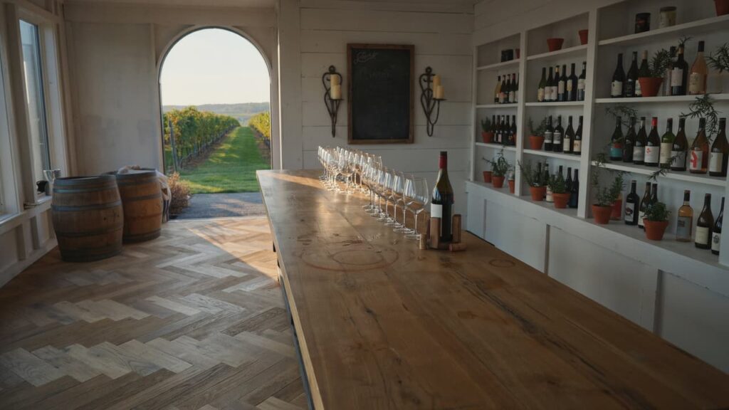 Flight of Michigan wines on a tasting room bar with vineyard view