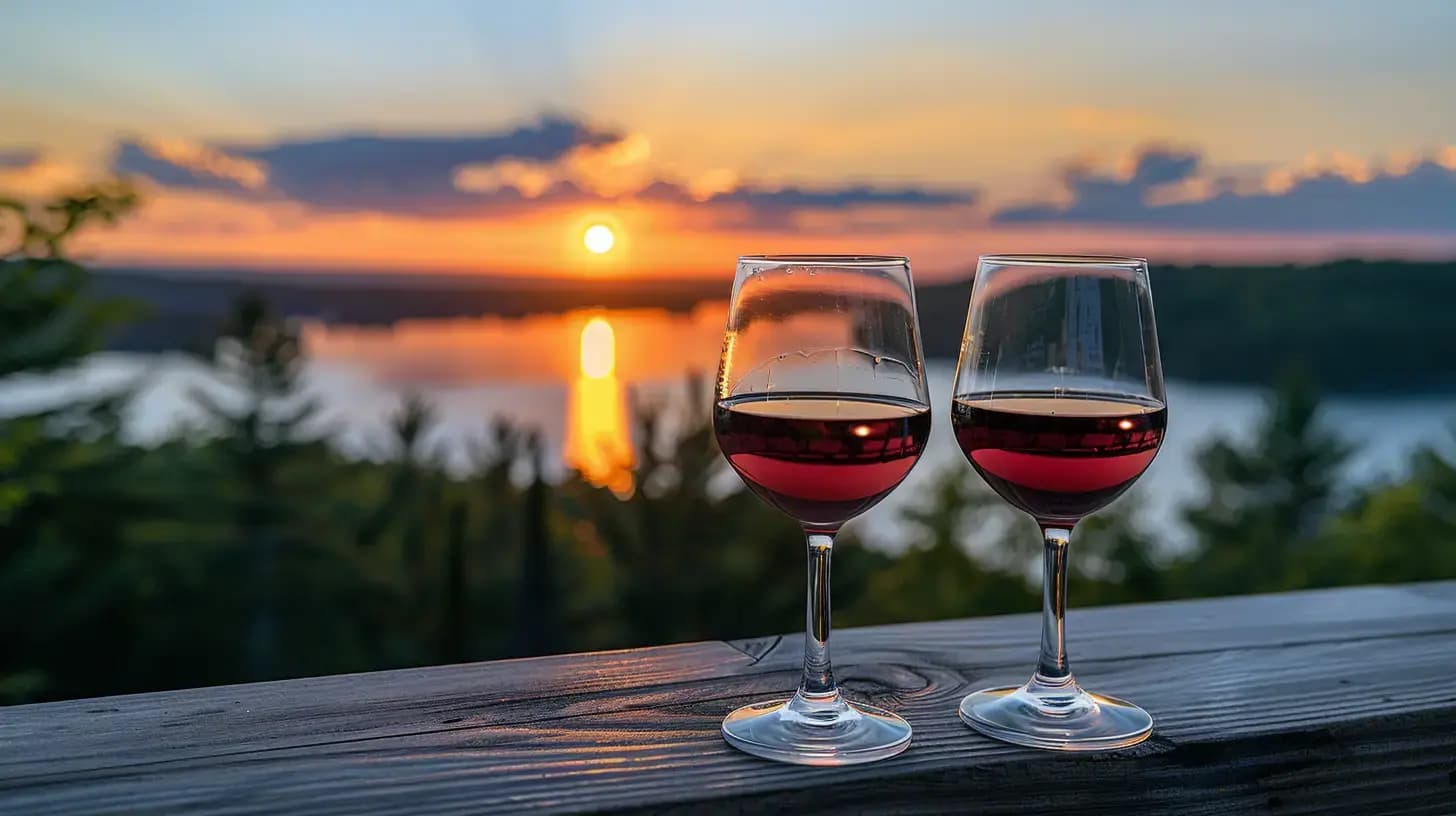 Vineyard rows and patio at a Leelanau Peninsula winery near Suttons Bay, Michigan