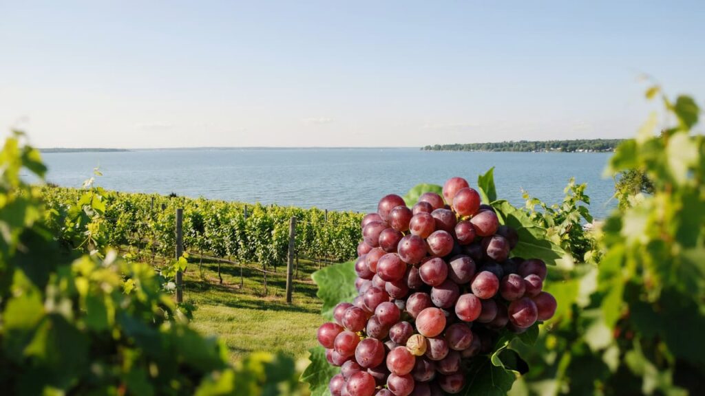 Vineyard rows overlooking Grand Traverse Bay on Old Mission Peninsula in Michigan wine country