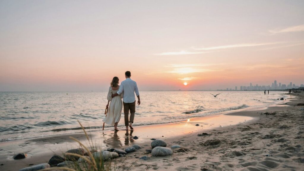 couple walking along a beach for a romantic date