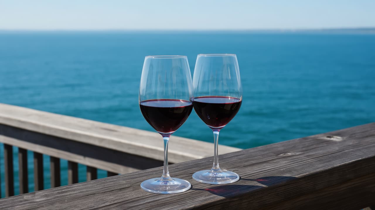 two glasses of wine at a michigan winery overlooking lake michigan