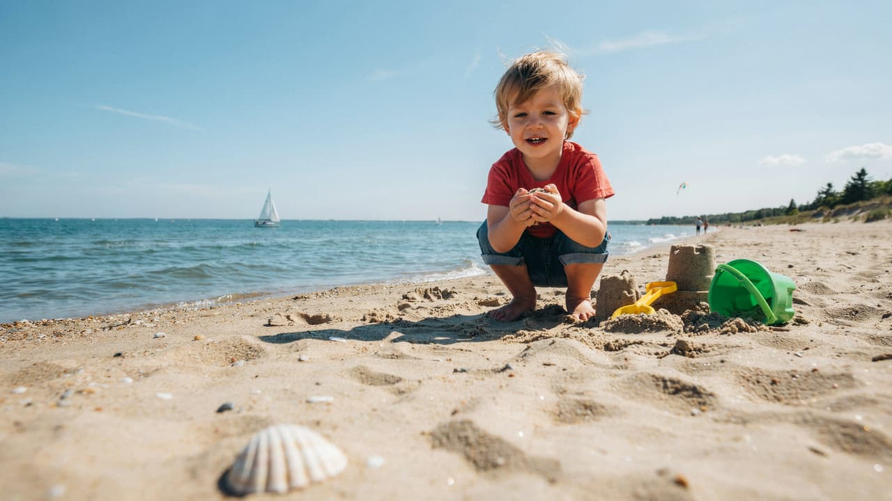 young child on family vacation playing in sand at a lake michigan beach near sand dunes in michigan