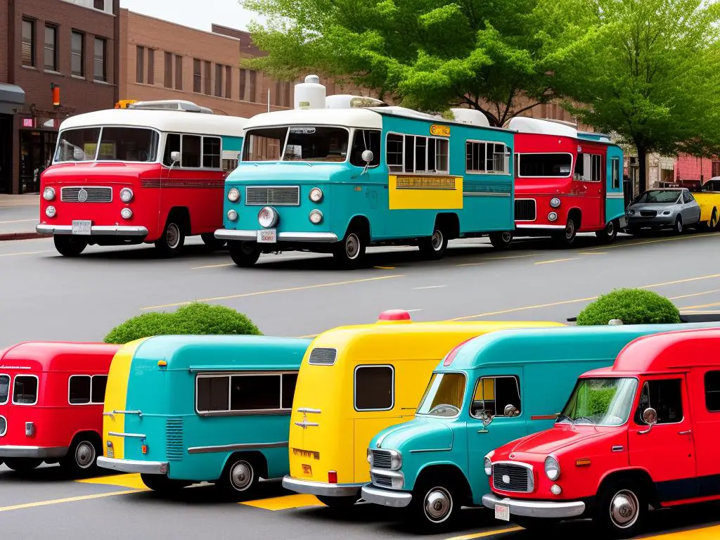 A colorful image showing various food trucks parked in a lively street in Ann Arbor, Michigan