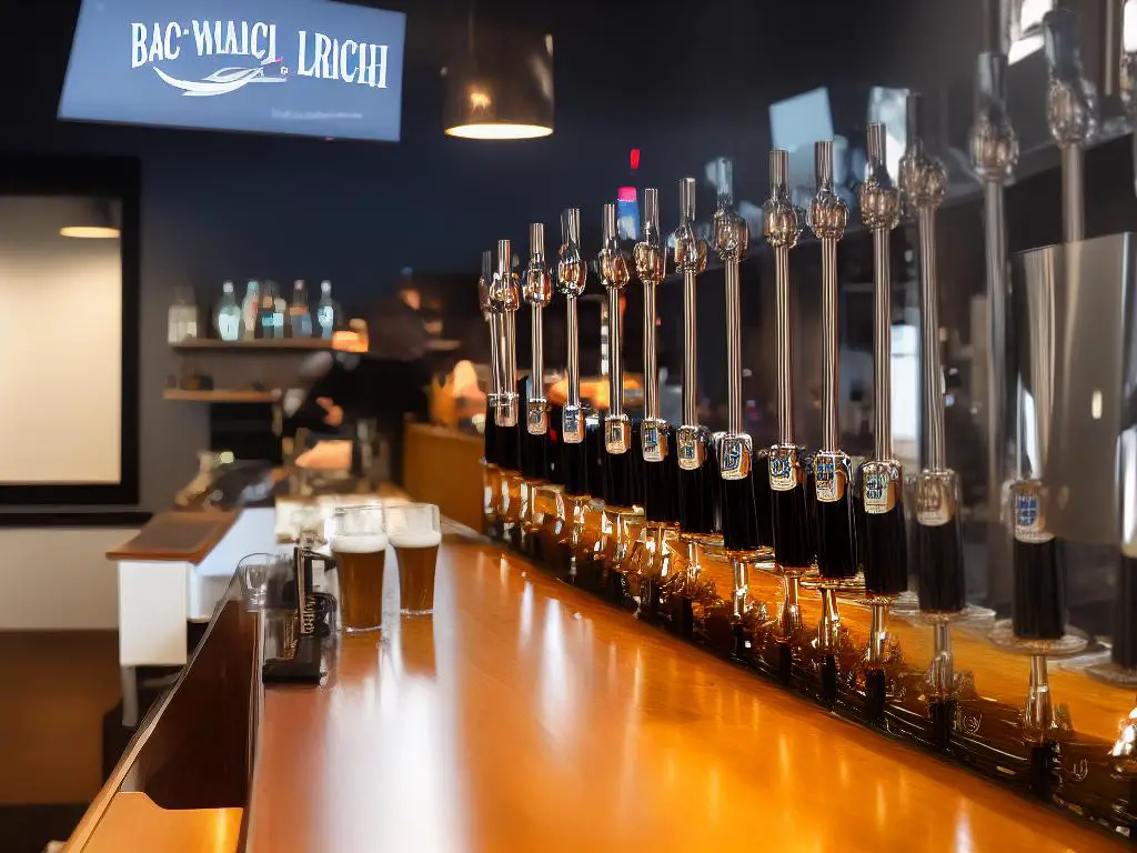 A photo of a line of beer taps with the Batch Brewing Company logo on the wall behind them