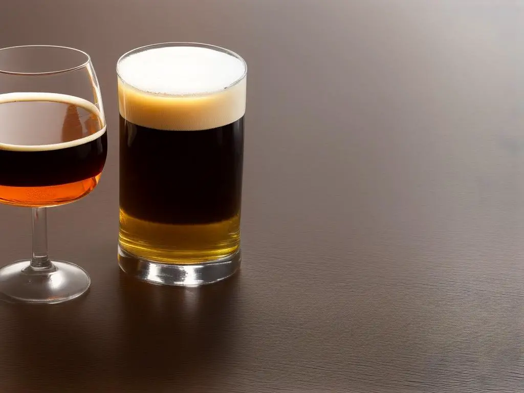 A glass of dark beer with foam on the top, sitting on a wooden table.