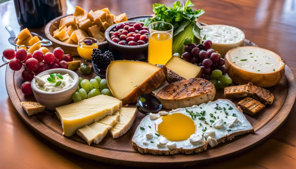 A diverse plate of signature foods and drinks from Michigan, representing the state's culinary culture and the abundance of fresh produce, artisanal cheeses, craft beers, and local wines available in the region.