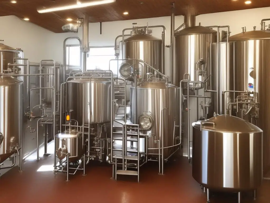 Arcadia Ales brewery, with wooden interior, beer silos, and bar, surrounded by brewing equipment.