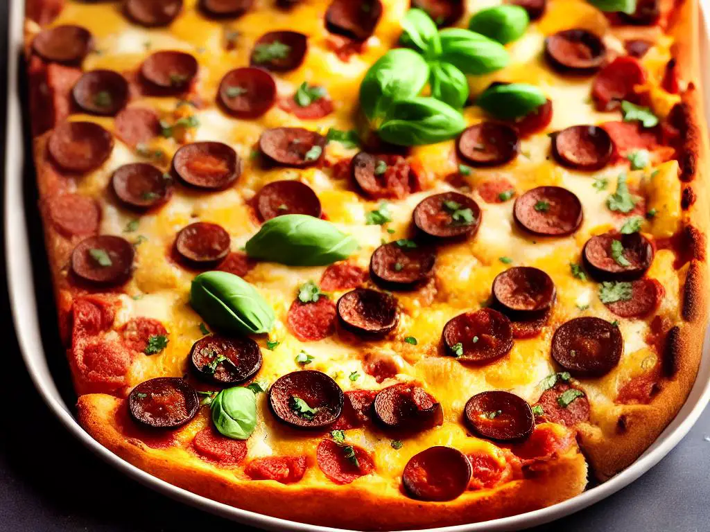 A close-up photo of a freshly baked Detroit-style pizza topped with cheese, pepperoni, and mushrooms.