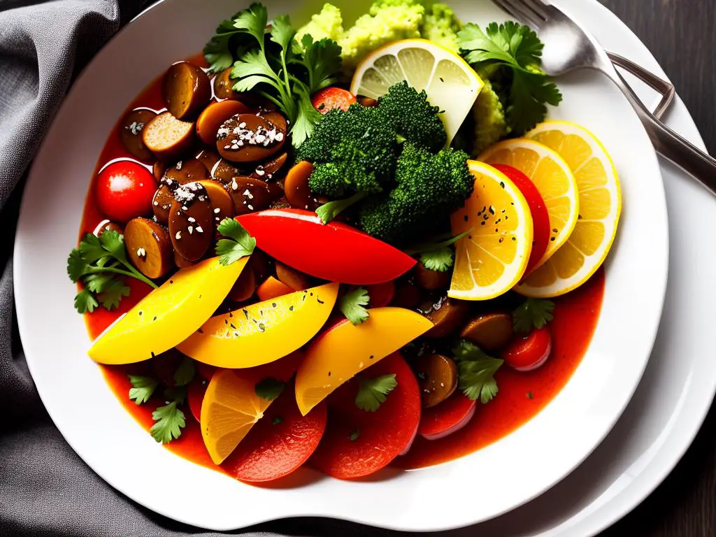 An image of a vegan and vegetarian dish, showcasing the vibrant colors and fresh ingredients used in such cuisine.