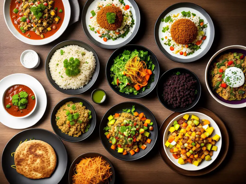Image depicting a variety of vegan and vegetarian dishes from Michigan's flourishing scene of vegetarian and vegan restaurants